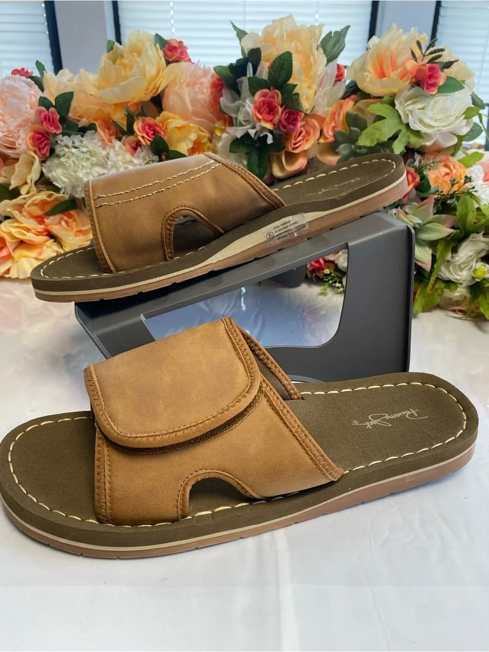Panama Jack Adjustable Hook & Loop Slide Sandals Brown XL 12-13